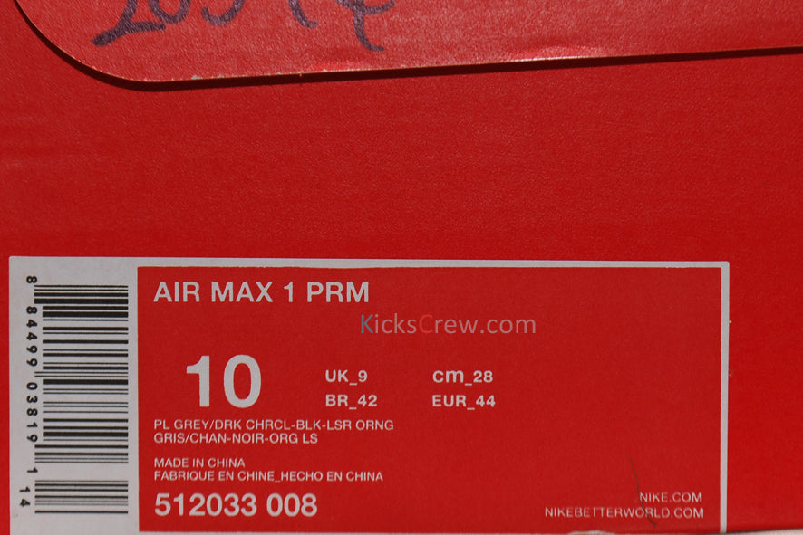 Nike Air Max 1 PRM Pale Grey Laser Orange 512033-008