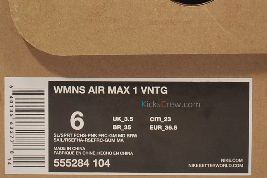 Nike Womens Air Max 1 VNTG Sport Fuchsia Pink Force 555284-104