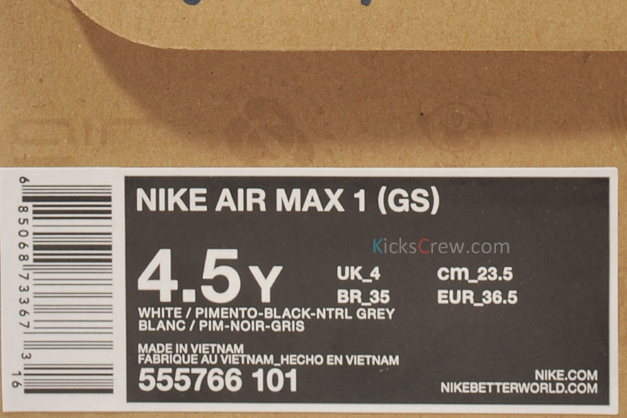 Nike Air Max 1 GS OG Retro - White Pimento Grey 555766-101