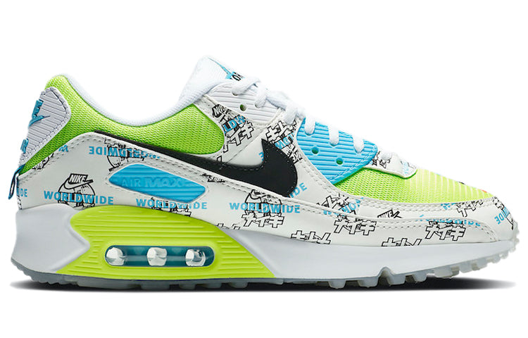 Nike Womens Air Max 90 'Worldwide - Katakana Logo' White/Blue Fury/Black/Volt DA1342-107 KICKSOVER