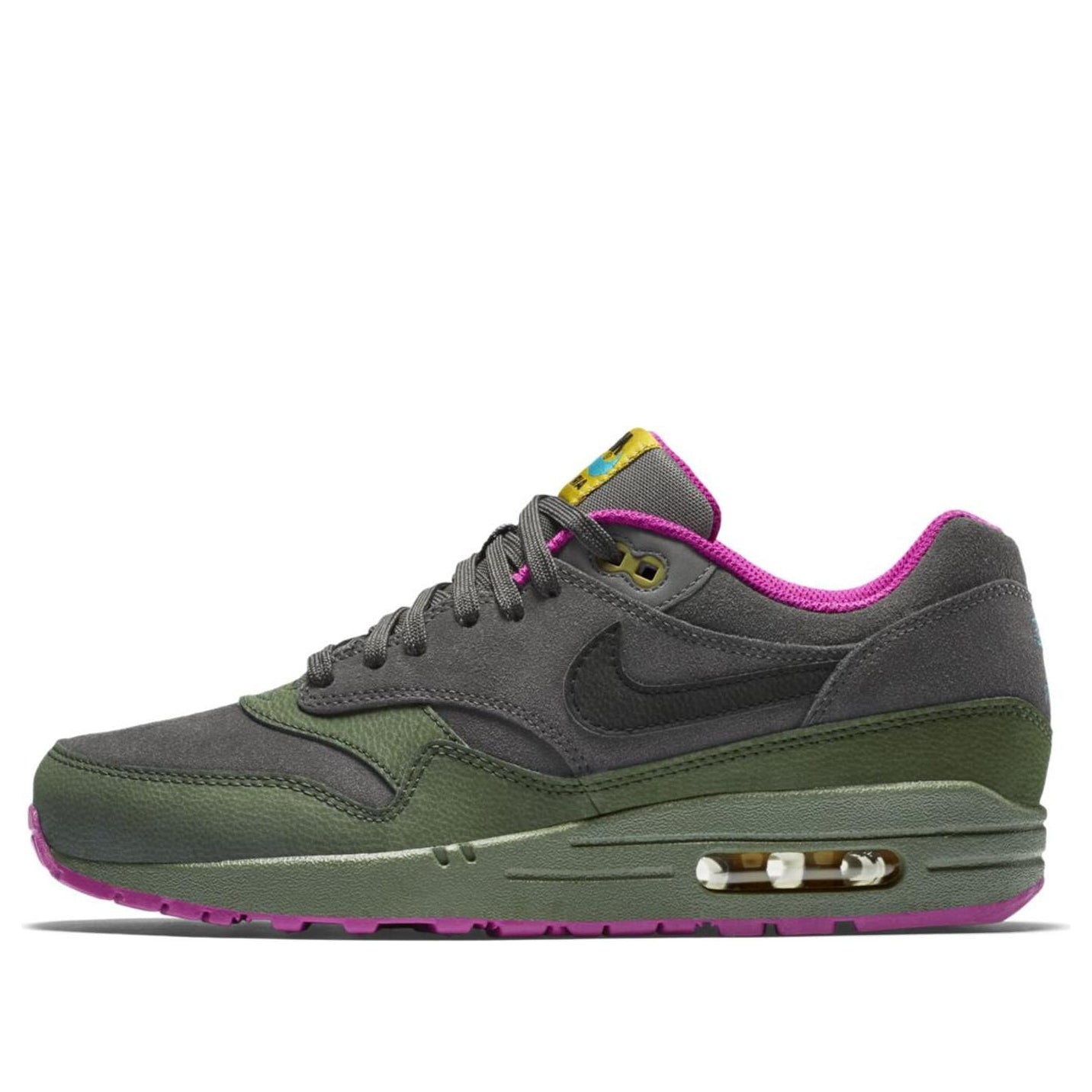 Nike Air Max 1 Leather 'Pewter Carbon Green' Dark Pewter/Black/Carbon Green/Fuchsia Flash 654466-008