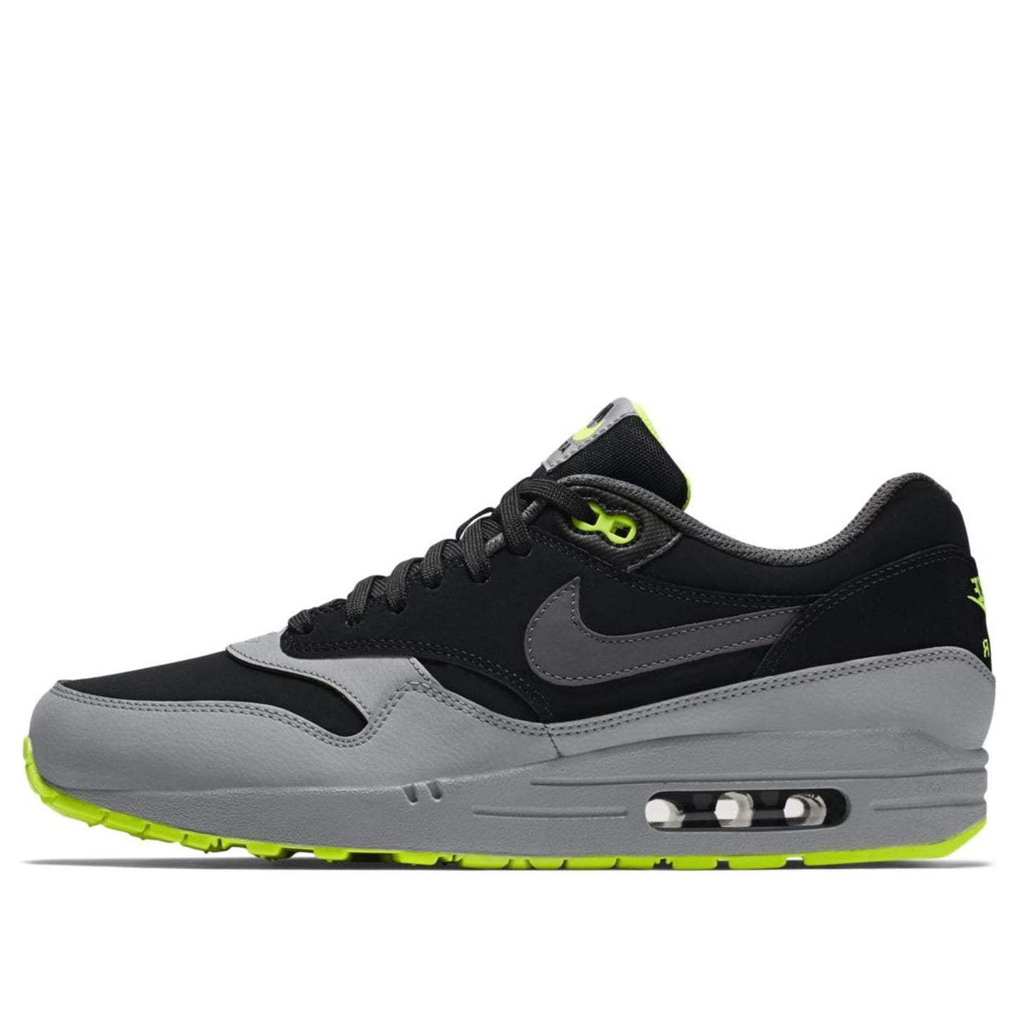 Nike Air Max 1 Leather 'Black Silver Volt' Black/Dark Grey/Silver/Volt 654466-007