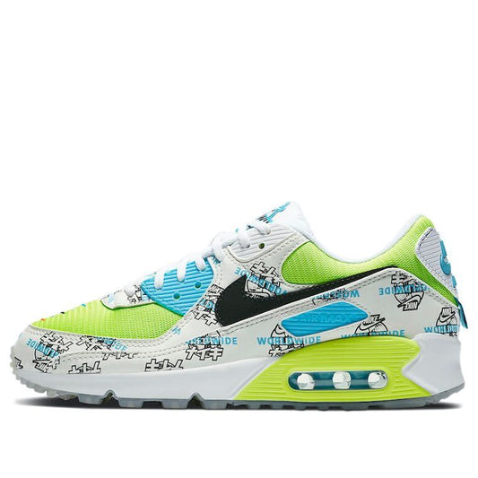 Nike Womens Air Max 90 'Worldwide - Katakana Logo' White/Blue Fury/Black/Volt DA1342-107 KICKSOVER